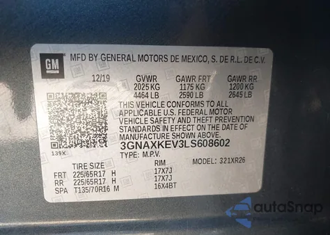 2020 Chevrolet Equinox Fwd Lt 1.5L Turbo from USA, damaged, VIN 3GNAXKEV3LS608602